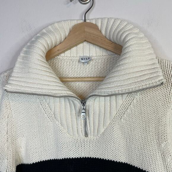 Kule The Matey Cream Black Stripe Chunky Cotton Knit Zip Collar Sweater womens S - Picture 4 of 17